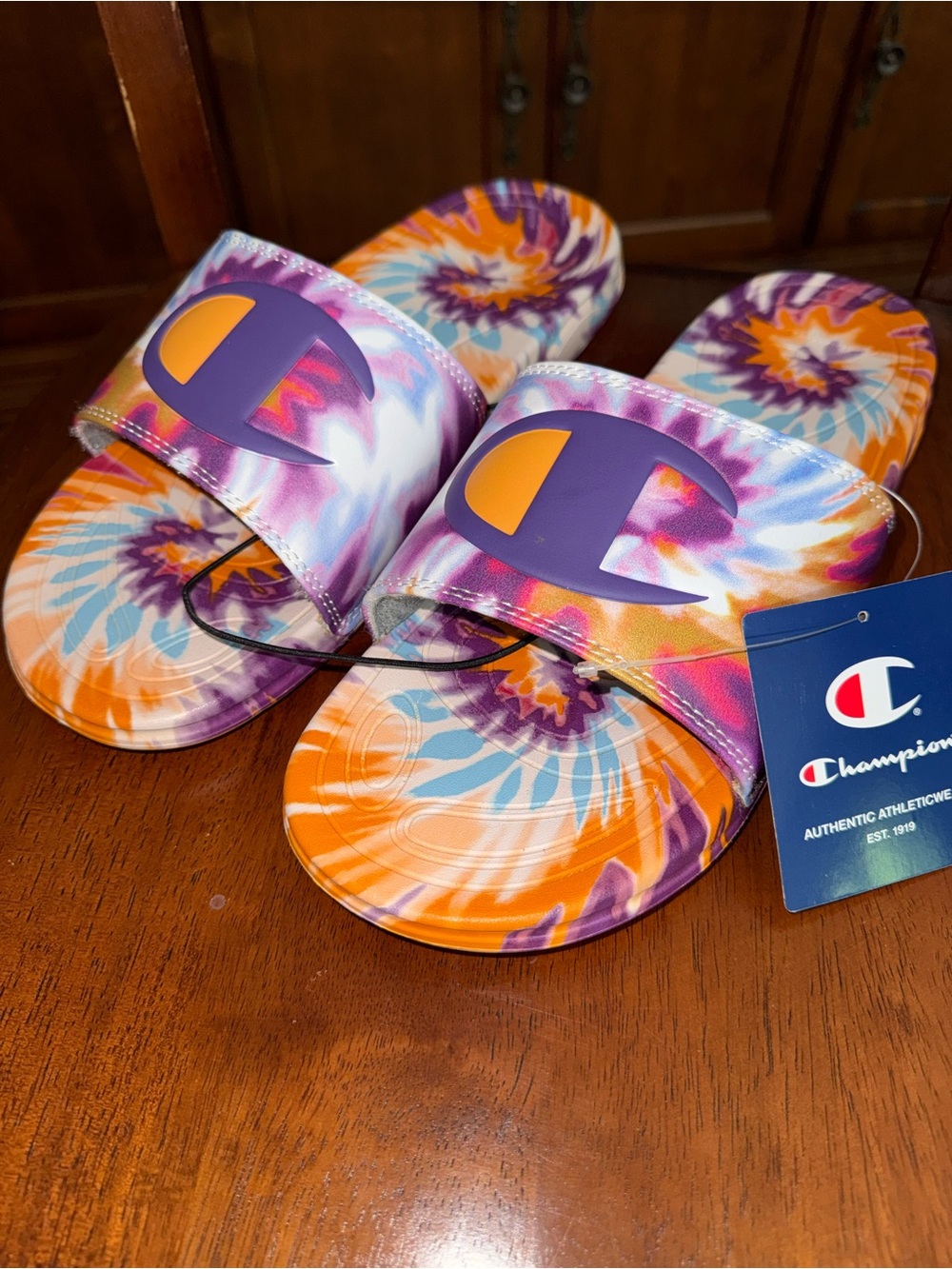 Champion Tie-Dye Slide Sandals in Purple, Orange, Blue Women’s 11